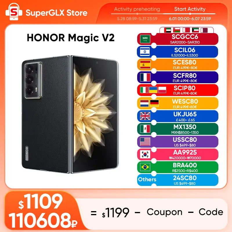 Global Version Honor Magic V2 5G Foldable LTPO OLED 120Hz Display 7.92" 50MP Rear Cameras Snapdragon 8+ Gen 2 5000mAh 66W NFC