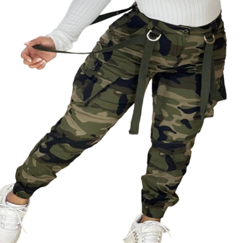 New Camouflage Webbing Tactical Pants Multi-pocket Women's Trousers Outdoor Casual Cargo Long Pants Summer New Women Activewear