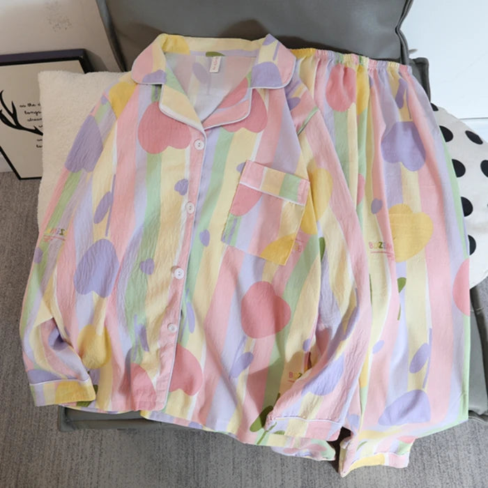 Flower Print Women Autumn Two Piece Pajama Set Long Sleeve V Neck Top & Elastic Waist Pants 2 Pieces Female Sleepwear Nightwear