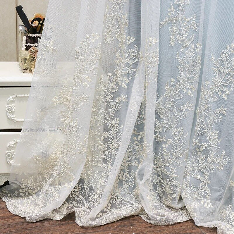 Luxury Embroidered Tulle Curtains for Bedroom Embossed Floral Romantic Sheer Delicate Rustic Window Treamnet Drapes m201C