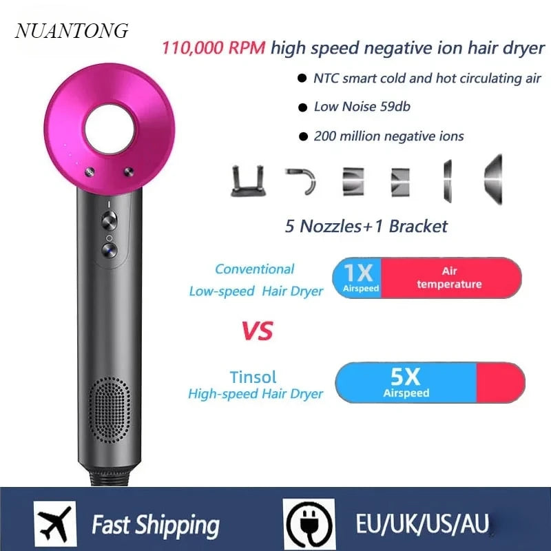 Professional Leafless Hair Dryer, Constant Temperature Negative Ion, 5 Attachments, Powerful Electric Hair Dryer for Home