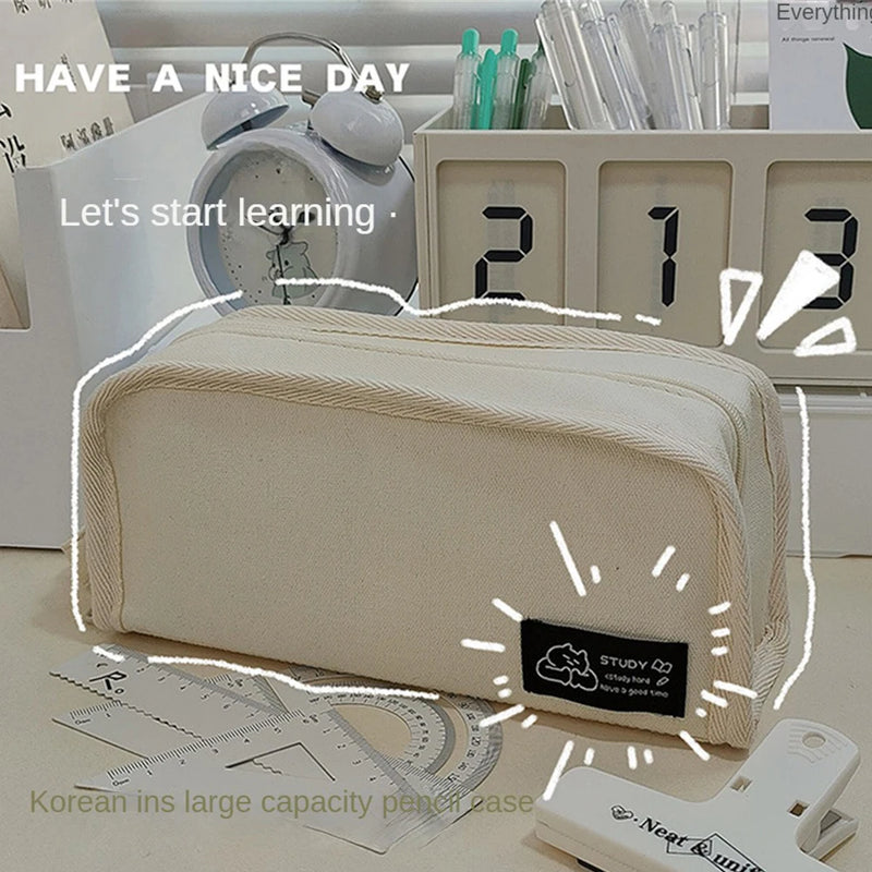 Ins Simplicity Pencil Case Solid Color White Black Canvas Pencil Bag High Capacity Stationery Storage Bag School Student Supply