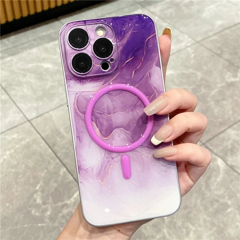 Luxury Color Marble Pattern Phone Case for iPhone 15 Pro 14 13 12 11 ProMax Magnetic Glowing in The Dark Protect Cover for Woman