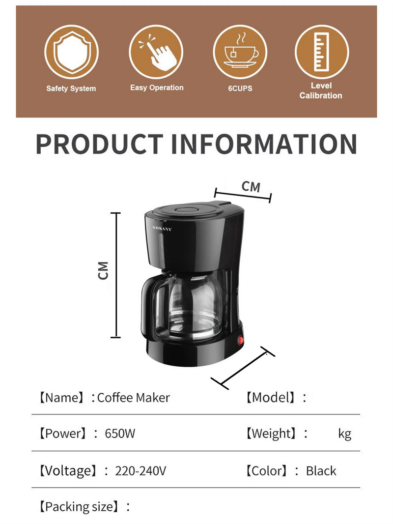 SOKANY CM102 6-Cup Drip Coffee Maker Anti-Drip  Coffee Pot Machine 750ml Borosilicate Glass Carafe Electric Coffee Maker