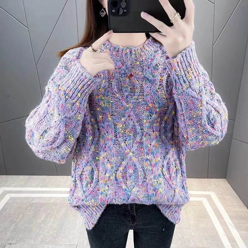 New Oversized Candy Contrast Color Dot Coarse Knitted Sweater Women Long Sleeves O Neck Pullover Sweater Casual Knitted 71F