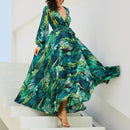 Women'S Temperament V-Neck Backless Dresses Summer Boho Green Leaf Print Maxi Dress For Beach Elegant Pleated Sundress Vestidos
