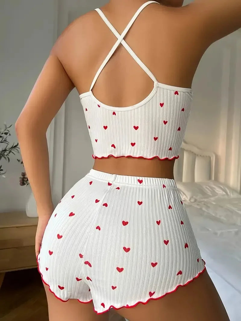 Women's Heart Print Pajama Set Cross-Back Cami Top & Ribbed Fabric Shorts Comfy Knit Sleepwear V-Neck Top Semi-Sheer Short Pants