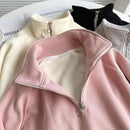 Rimocy Warm Thicken Zipper Stand Collar Hoodie Women Casual Long Sleeve Pullover Tops Woman Solid Color Loose Plush Sweatshirt