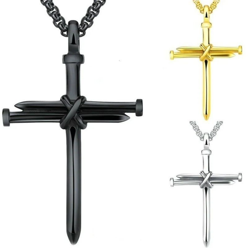 Mens Jewellery Black Stainless Steel Necklace Men Nail Cross Pendant-Chain Necklace Christian Church Baptism Gift for Men Women