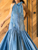 Übergröße Fashion Denim Langes Kleid Sexy Damen Schleife Neckholder Swing Sommerkleid Urlaub Ärmellose Robe Lässiges Lockeres Meerjungfrau Maxikleid