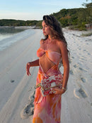 Hollow Out Backless Halter Split Long Dress Women Lace Up Off Shoulder Pleated Patchwork Holiday Dresses Party Sexy Beach Robe