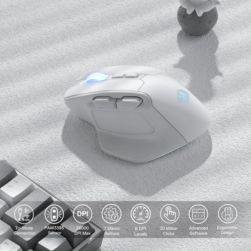 Redragon M806 Wireless Gaming Mouse, 7 Programmable Buttons Wired RGB Gamer Mouse w/ 3-Mode Connection, BT & 2.4G Wireless