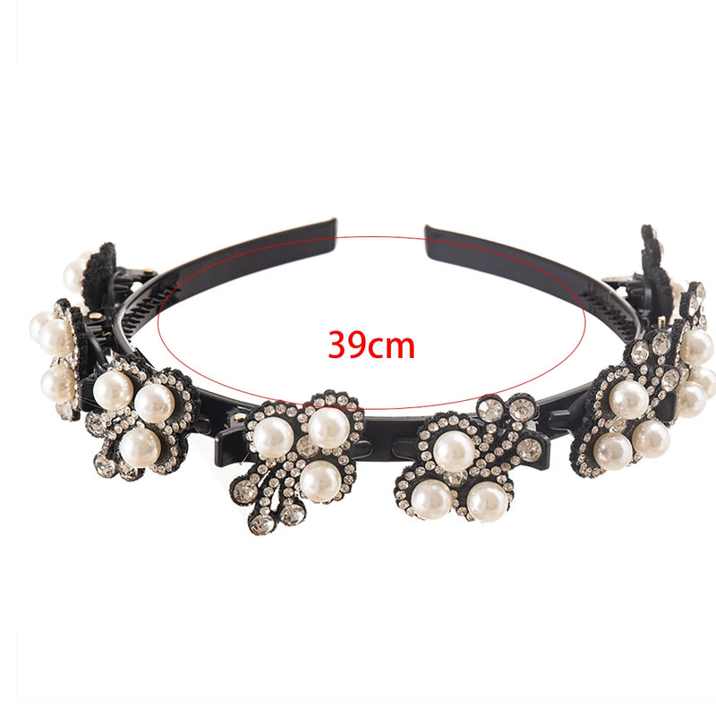 Pearl Flowers Hairpin Hairbands for Women Non-Slip Headband Rhinestones Hair Bands Clips Hairstyle Double Bangs Hair Accessories