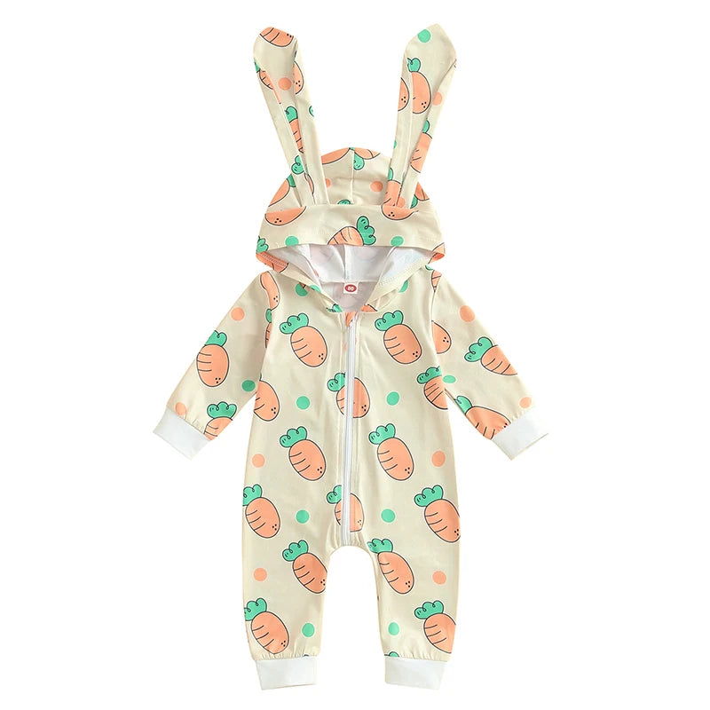 Easter Bunny Print Cotton Blend Long Sleeve Rompers for Infant Boys and Girls Hooded Spring Bodysuits with Cute Rabbit Design