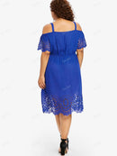 ROSEGAL Gothic Grommet Lace Up Dress Summer S-5XL Black High Waist Cold Shoulder Mesh Handkerchief A-Line Ruffles Dresses