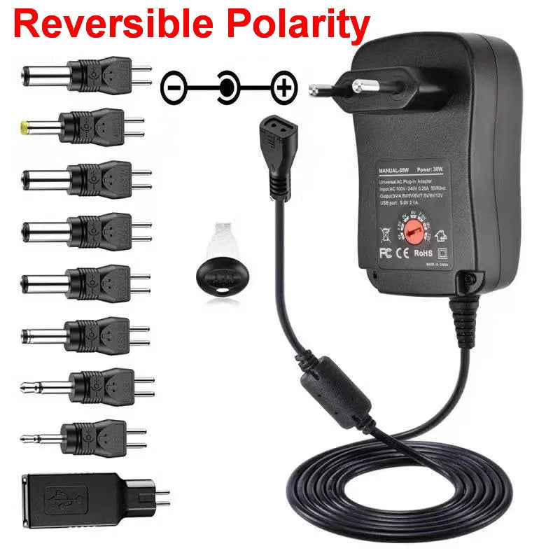 30W Universal Adjustable Power Adapter Charger AC To DC Plug 3V 4.5V 5V 6V 7.5V 9V 12V 2A 2.5A 2500mA Reverse polarity