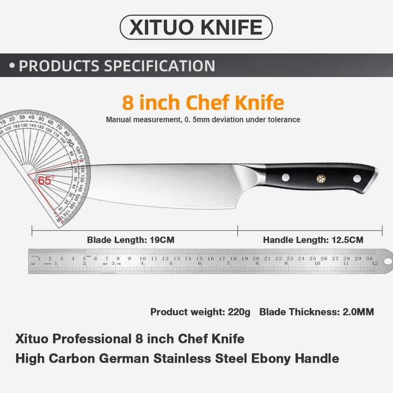 XITUO Chef Knife 8" Kitchen Cooking Cut Knife German Stainless Steel Super Sharp Gyuto Knife Ergonomic Full Tang Black Handle