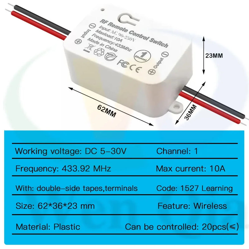 12V 24V Wireless Remote Control Switch DC RF433MHz Wet Contact Switch 10A Relay Module for Electronic Lock / LED / Bulb ON OFF