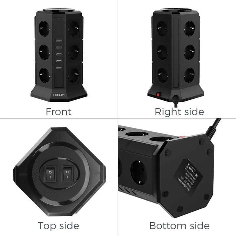 TESSAN Power Strip Vertical Tower Socket 12 Outlets 5 USB Ports EU Plug Multiple Socket with 2M Extension Cord Surge Protection