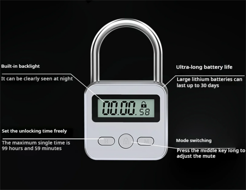 HEE RAK Timer Padlock LCD HD Add Backlight Zinc Alloy 99 Hours Max Timing Super Long Standby Anti-addiction Electronic Lock