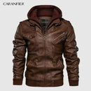 CARANFIER Mens PU Hooded Jackets Coats Motorcycle Biker Faux Leather Jacket Men Classic Winter Coat Clothes  European Size