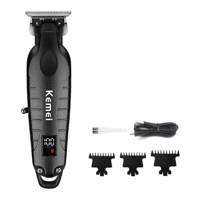 Kemei KM-2293 DLC T-Blade Professional Finishing Machine Zero Gapped Clipper USB LED Display Full Metal Hair Trimmer Machine