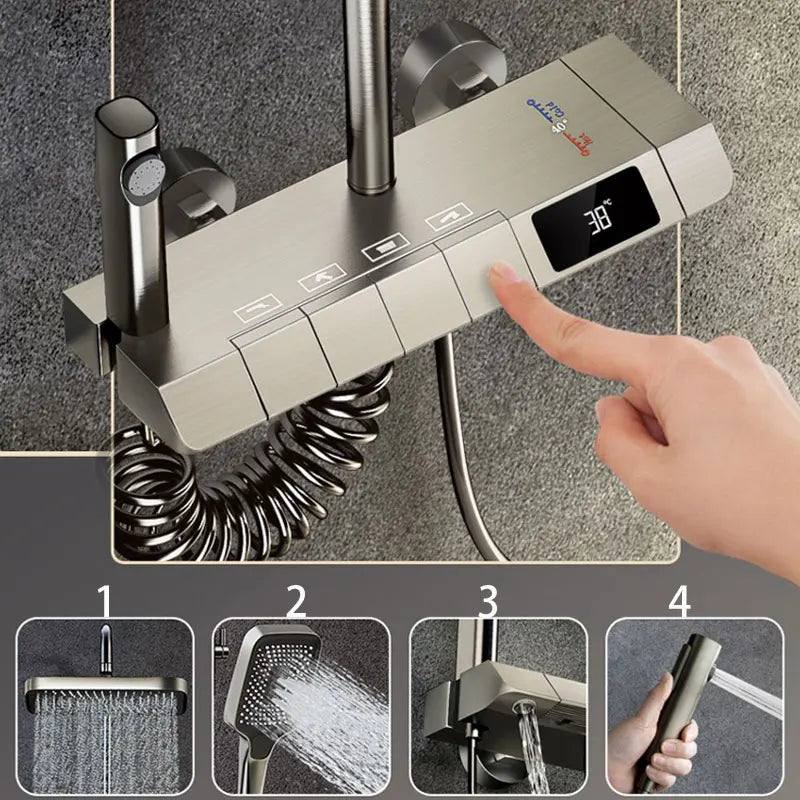 Top1 Piano Key Shower Set Gray Bathroom Digital Display Faucet Shower System Set Bathtub Hot and Cold 4 Functions Tap Shower Set