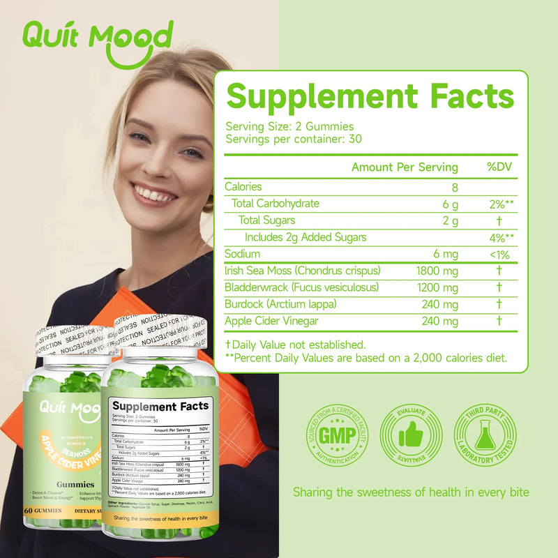 Quitmood Apple Cider Vinegar Gummies- 60 Count - 3500mg Bladderwrack, Burdock Root and Sea Moss - Natural Irish Sea Moss for Imm