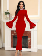 Damen Celebrity Sexy Langarm Puff Perlen Strass Maxi Langes Bandage Kleid 2024 Gestricktes Elegantes Abend Club Party Kleid