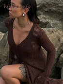 Elegant Knitted Hollow Out Long Dress Women Beach Ruffle Single-breasted Flare Sleeve Cardigan Robe Female Fashion Solid Dresses