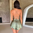 NEW Satin Silk Women Sexy Cami Playsuits Dress Solid Cowl Neck Sleeveless Short Jumpsuits Summer Cross Tie-Up Backless Romper