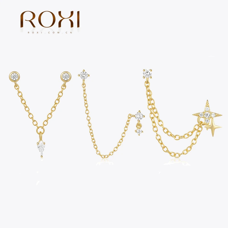 ROXI S925 Sterling Silver 1PC V Shaped Chain Tassel  Stud Earrings For Womens Earrings Korean Double Star piercing earrings