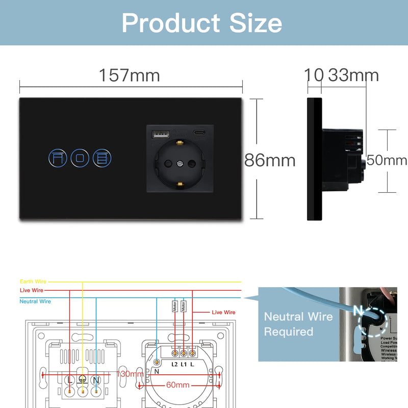 BSEED Zigbee Roller Shutter Switch Smart Light Wall Switches Electric Blinds Switch With EU Socket Support Tuya Smart Life Alexa