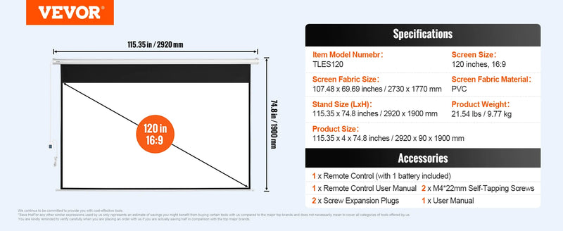 SucceBuy Electric Motorized Projector Screen 100/120 inch 16:9 4K 1080 HD Wall Mount Movie Screen for Family Home Office Theater