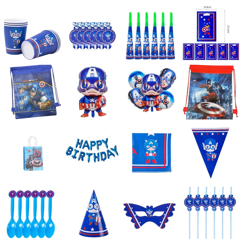 Cartoon Captain America Theme Disposable Tableware Set Birthday Party Dress up Balloon Decoration Baby Shower Background Cloak