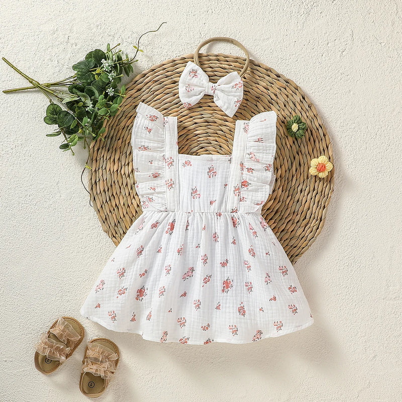 Girl's Clothing Baby Summer Printing Floral Square Collar Cute For Party Dress With Button