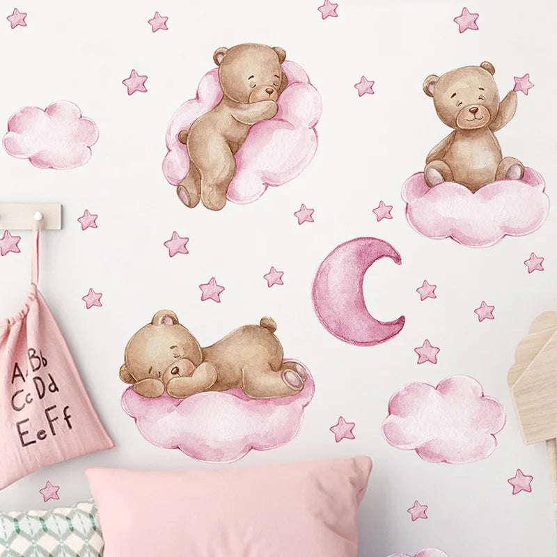 Cartoon Teddy Bear Moon Wall Stickers for Kids Room Baby Nursery Decor Sticker Wallpaper Boy Girls Bedroom Baby Room Wall Decals