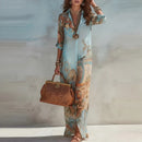 Women Summer Long Sleeve Maxi Dress Vintage Printed Fashion European Daily Casual Flowy Sundress