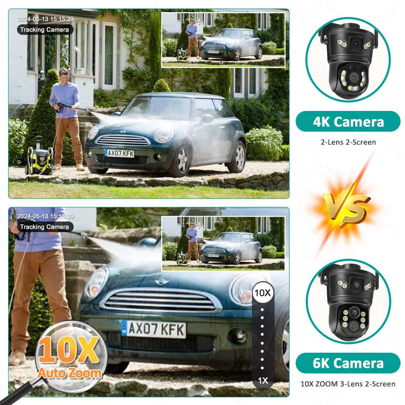 12MP 6K WiFi Camera Outdoor Surveillance 10X Zoom Three Lens Dual Screen Mini Video Cam Auto Tracking Security Protection CCTV