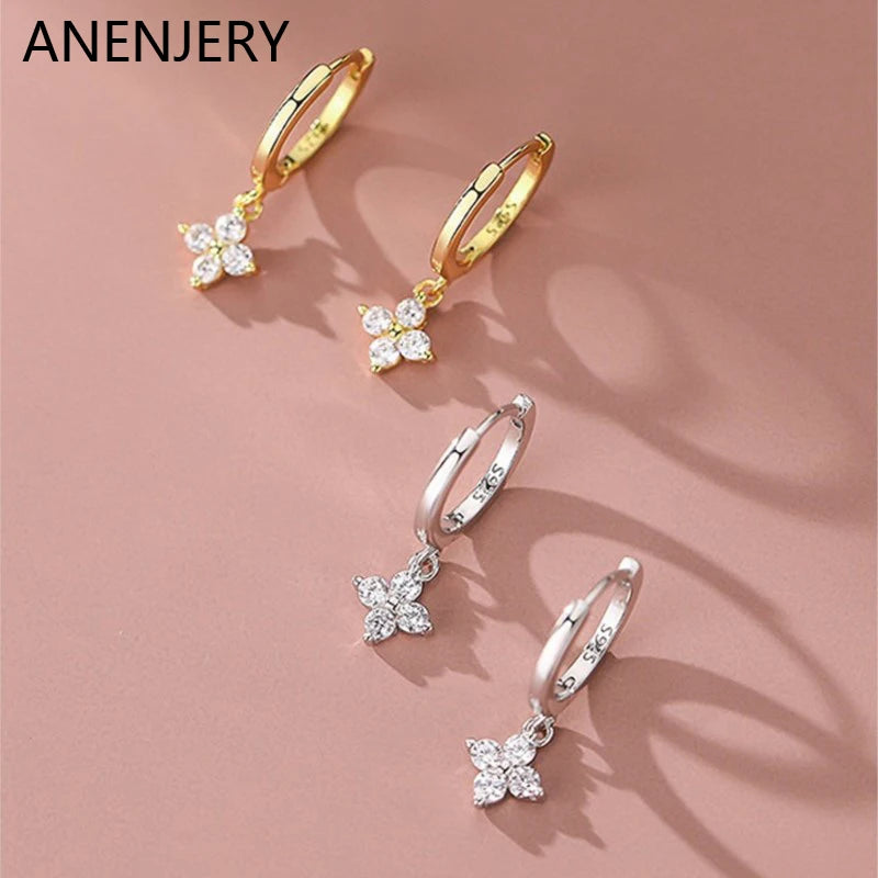 ANENJERY Zircon Flower Pendant Hoop Earrings for Women Simple Fashion Huggies Jewelry aretes