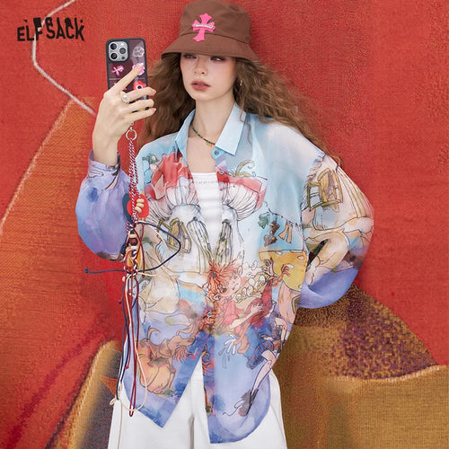 ELFSACK 2025 Summer New Arrivals Casual cool Original full print light shirt chiffon top