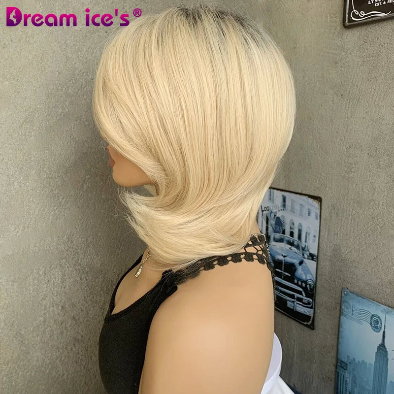 Blonde Short Straight Wavy Layered Hair Synthetic Wigs  With Dark Root For Women High Temperature Natural Wavy Cosplay Daily Wig