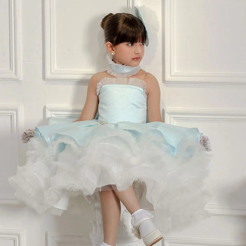 Puffy Flower Girl Dresses For Wedding Tulle Elegant Blue Satin Knee Length Princess Birthday Party Prom Dress Ball Gowns