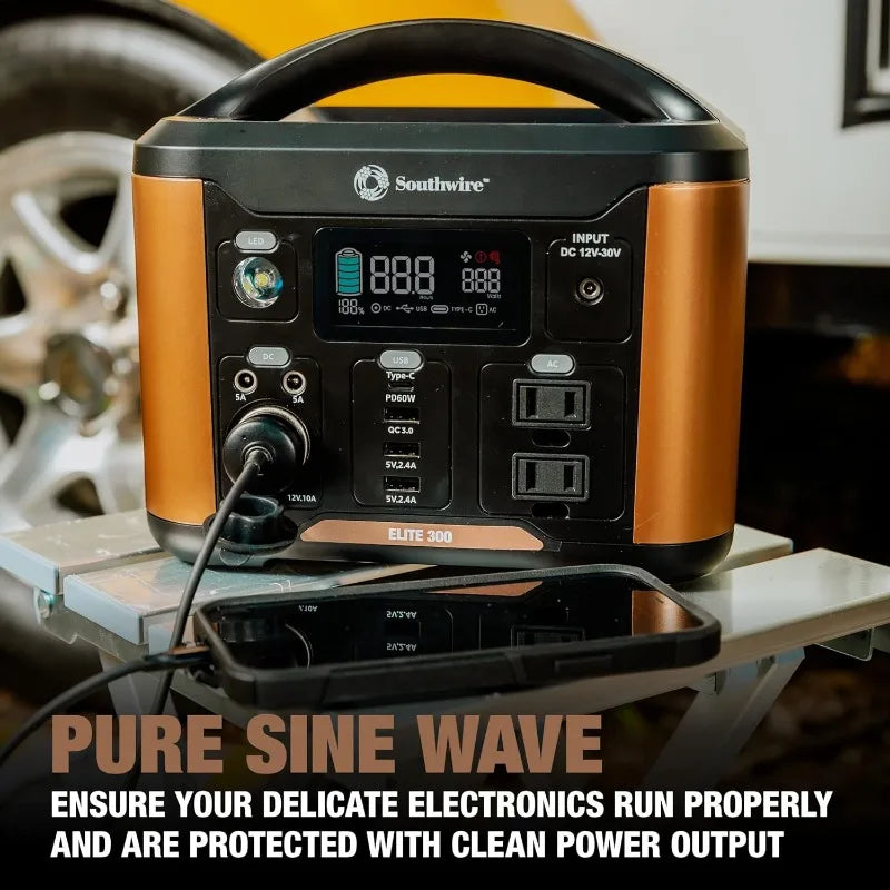 Southwire Elite 300 Series, 296Wh Backup Lithium Battery, 120V/300W Pure Sine Wave AC Outlet, Solar Generator