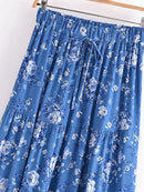 Vintage Chic Women Floral Print Summer Elastic Waist Pleasted Long Boho Skirt Rayon Cotton Bohemian Beach A-line Maxi Skirts