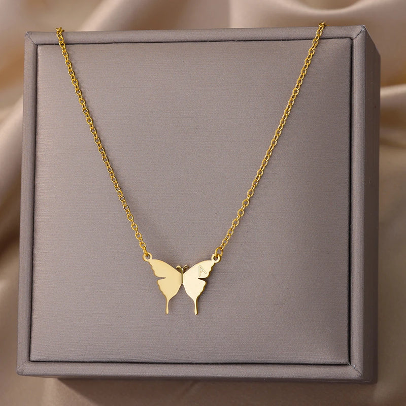 Stainless Steel Butterfly Initial Letter Necklaces For Women Minimalist Gold Color Butterfly Name Necklace Wedding Jewelry BFF