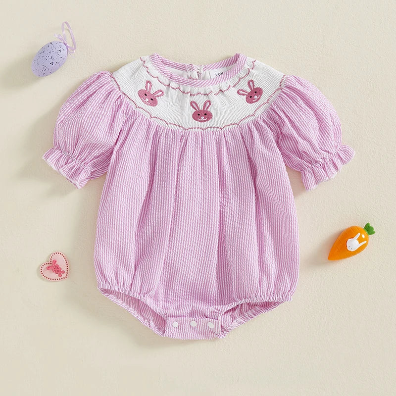 Toddler Girls Easter Outfit Bunny Embroidered Striped Short Sleeve Romper Jumpsuit Summer Clothing for Baby Girls