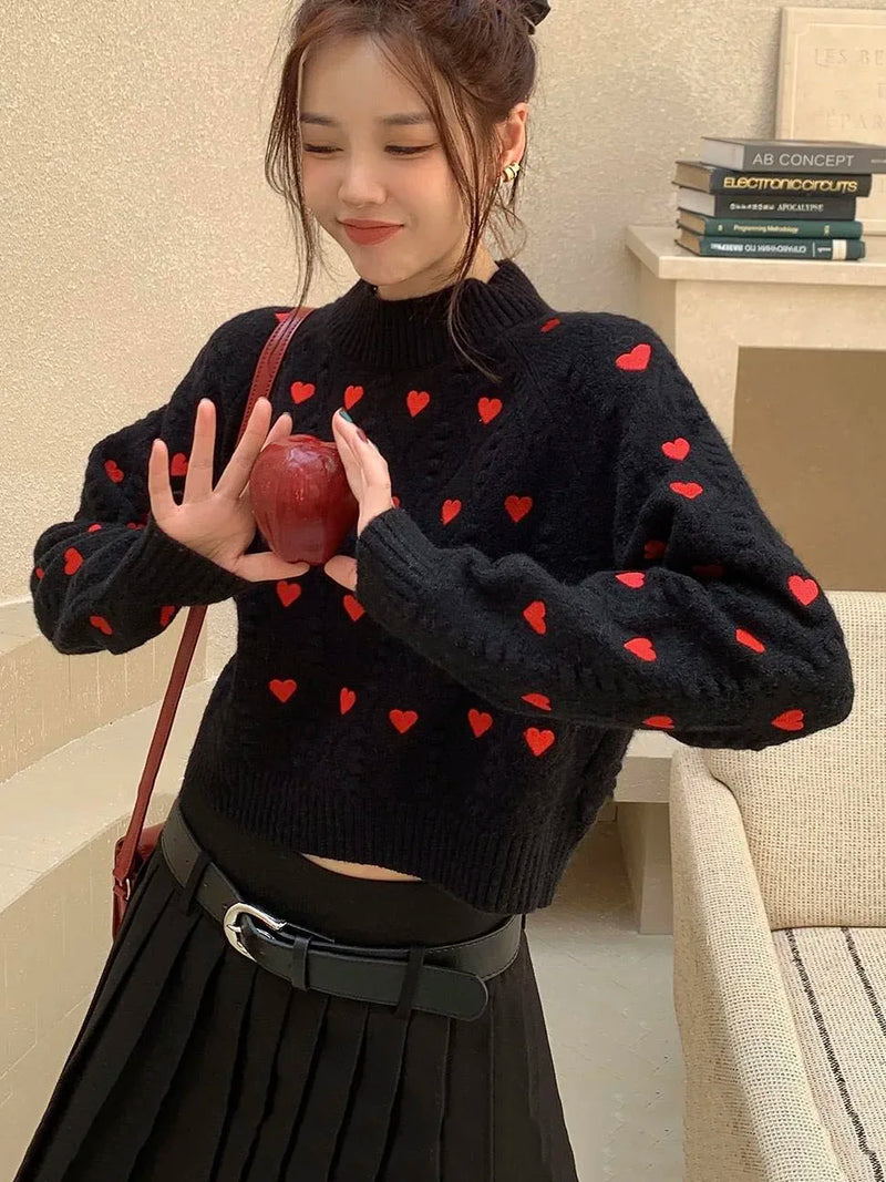 Women Fashion Heart Love Embroidery Knitted Pullover Sweater Vintage Long Sleeves O-Neck Female Chic Lady Tops C-153