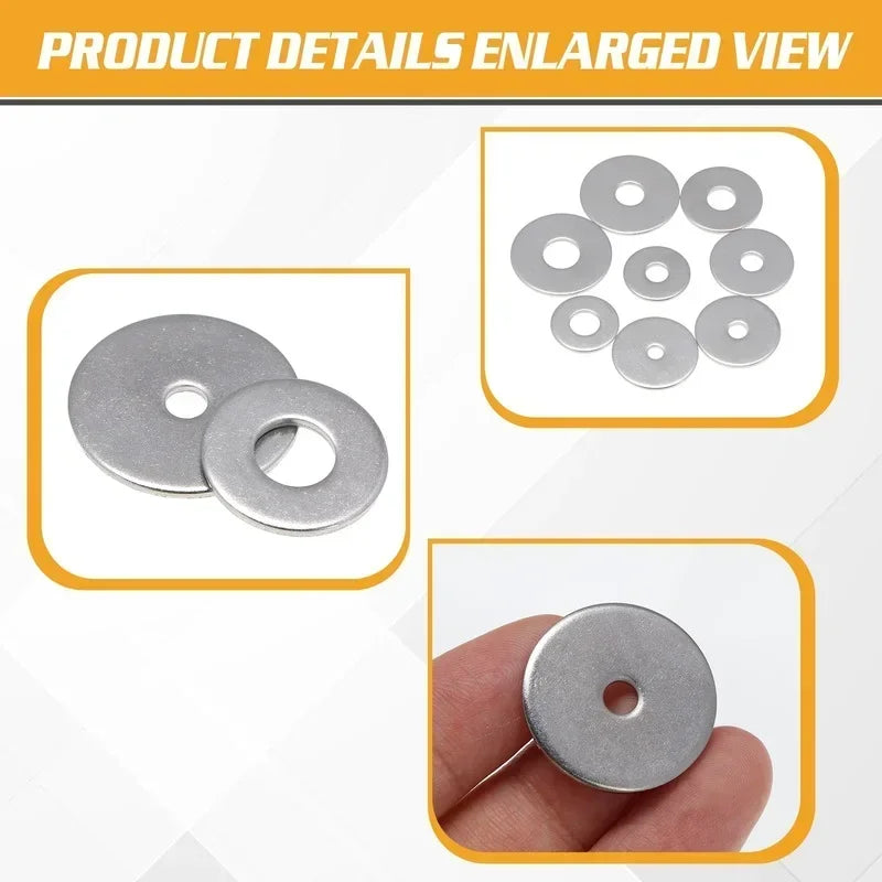 75/170/230PCS Large Flat Washers 304 Stainless Steel Big Plain Washers Gaskets M3 M4 M5 M6 M8 M10 M12 Metal Washer Fasteners Kit