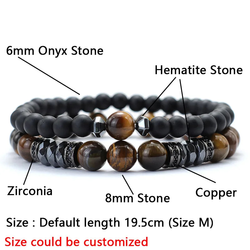 Hiphop Men Bracelet Set 2 Pieces High Quality Zirconia Braclet Natural Lapis Lazuli Lava Tiger Eyes Stone Braslet Gift For Him